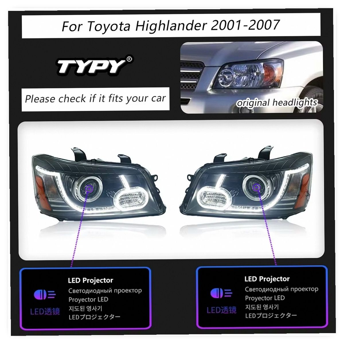 New Red Lens LED Projector Headlights for Toyota Highlander 2001-2007, High/Low Beam image 3