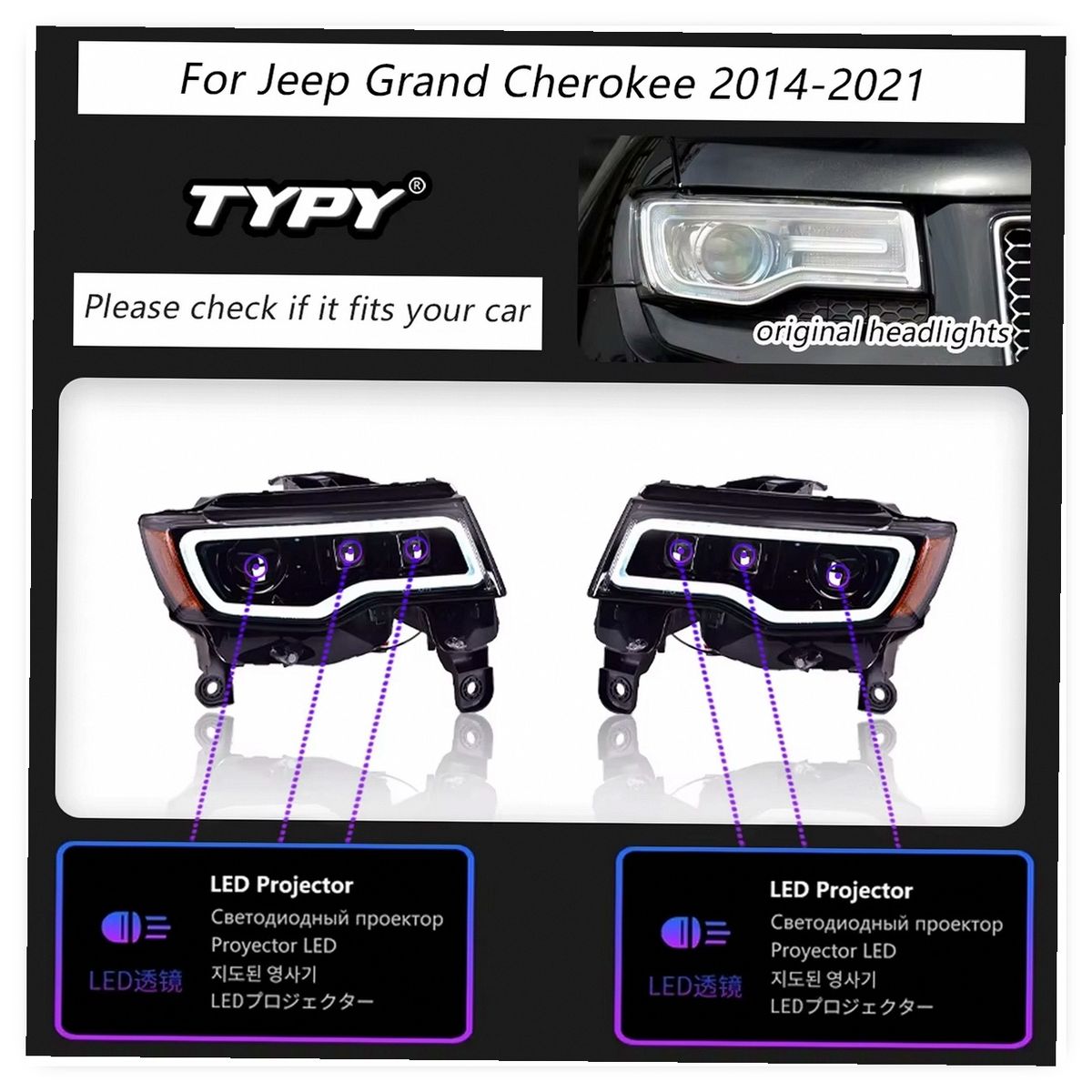 Modified LED Headlight Assembly for Jeep Grand Cherokee 2014-2021 Upgrade image 3